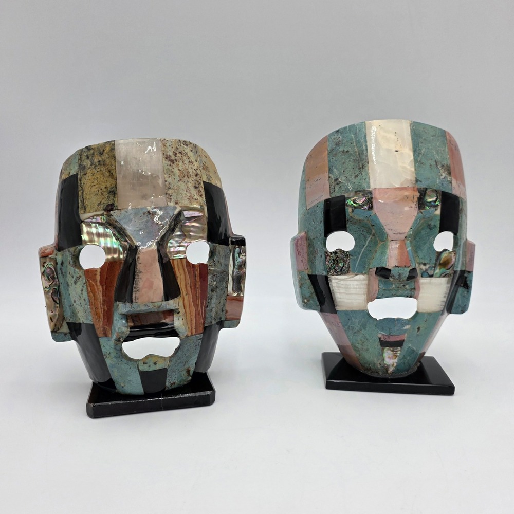 Vtg Mexican Stone Mosaic Mask Pair of 2 Abalone Inlay Turquoise Folk Art Decor
